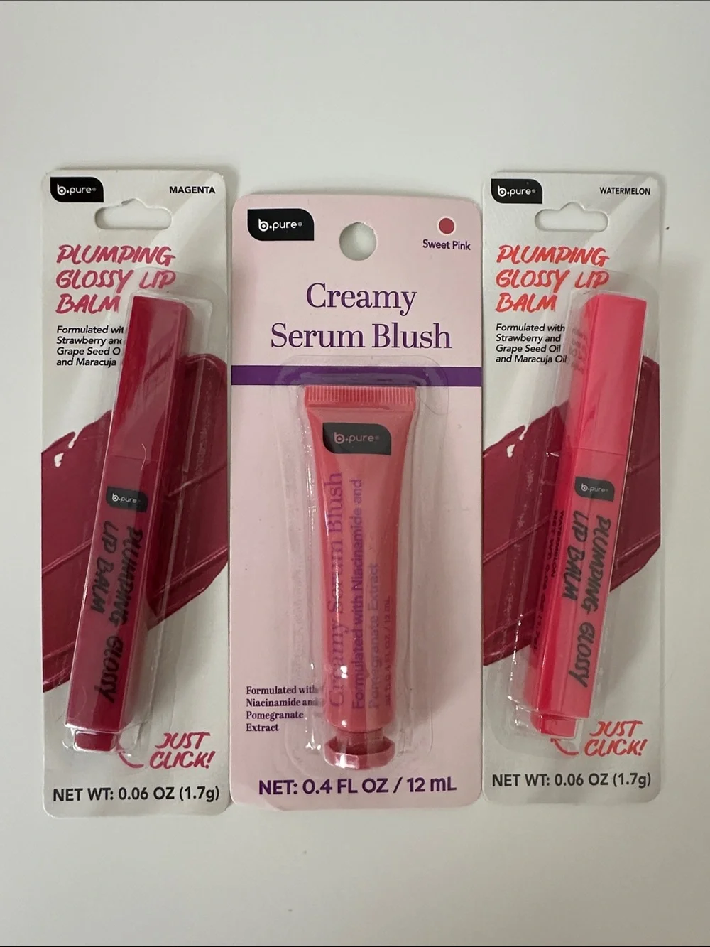 b Pure Plumping Glossy Lip Balms (Magenta & Watermelon) & Creamy Serum Blush